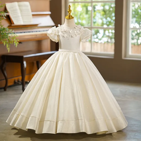 Elegant Ivory Appliques Glitter Rhinestone Birthday Flower Girl Dresses 2025 With Cloak Ball Gown Scoop Neck Puffy Short Sleeve Sweep Train