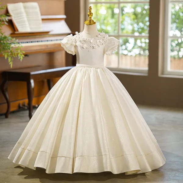 Elegante Ivory / Creme Applikationen Geburtstag Blumenmädchenkleider 2026 Ballkleid Rundhalsausschnitt Geschwollenes Kurze Ärmel