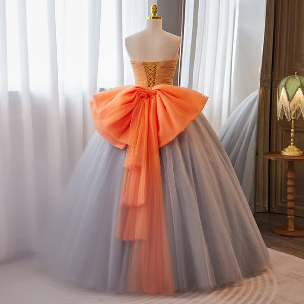 Elegant Orange Beading Prom Dresses 2023 Ball Gown Strapless Sleeveless Backless Bow Floor-Length / Long Prom Formal Dresses