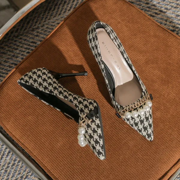 Fashion Black Plaid Evening Party Pumps 2022 Pearl 7 cm Stiletto Heels Pointed Toe Pumps High Heels