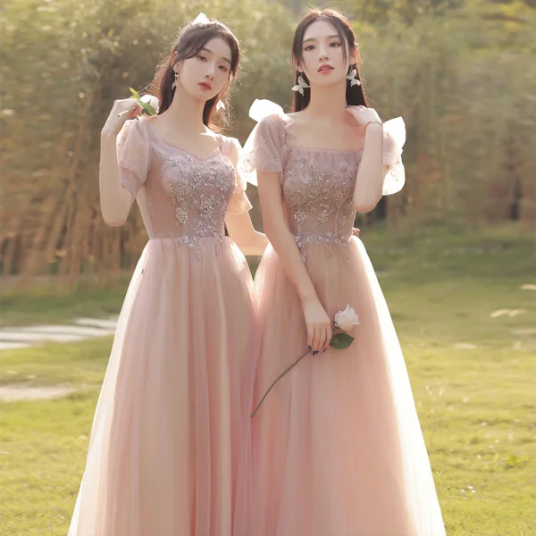 Chic / Beautiful Blushing Pink Beading Bridesmaid Dresses 2022 A-Line / Princess Short Sleeve Backless Floor-Length / Long Bridesmaid Dresses