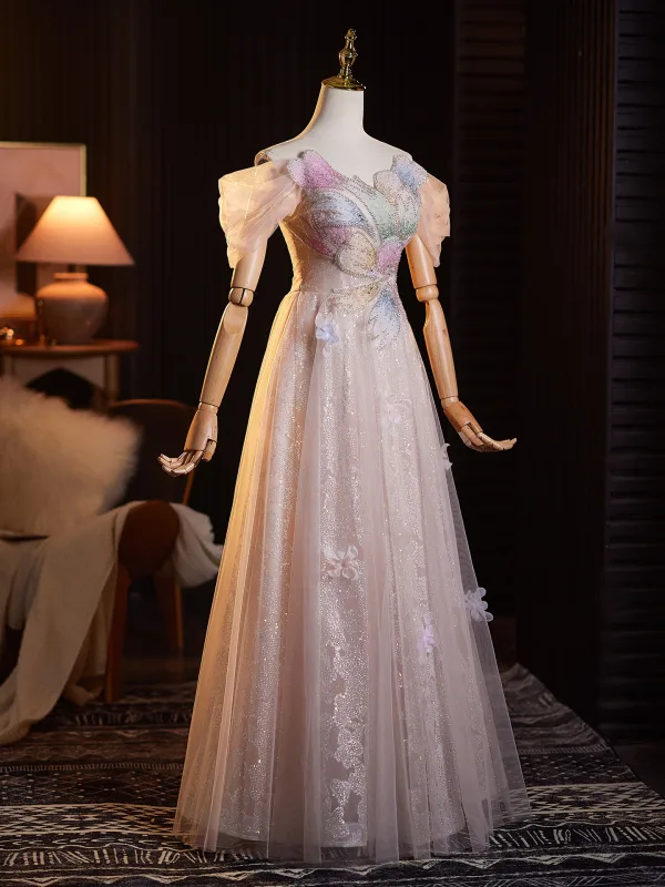 Schöne Rosa Perlenstickerei Applikationen Pailletten Ballkleider 2025 A Linie Off Shoulder Kurze Ärmel Rückenfreies Lange Ball Festliche Kleider