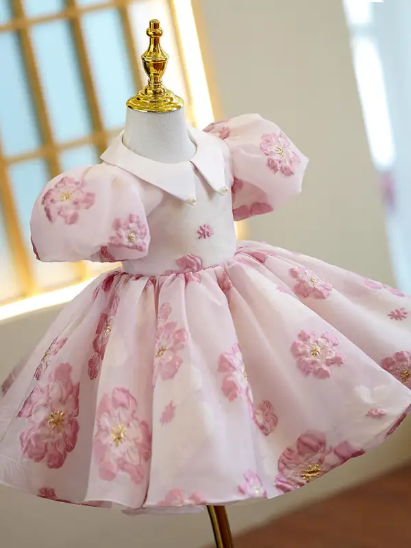 Lovely Blushing Pink Flower Short Birthday Flower Girl Dresses 2022 Ball Gown Scoop Neck Puffy Short Sleeve Beading Flower Girl Dresses