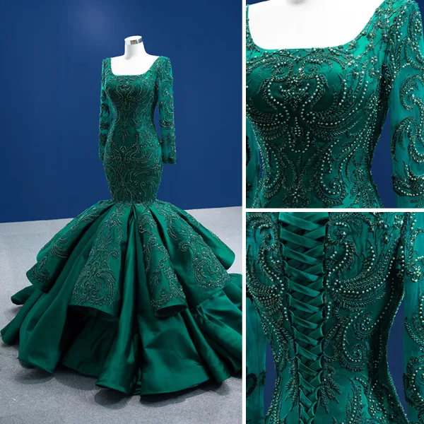 Haut de Gamme Vert Foncé Perlage Perle Paillettes En Dentelle Fleur Robe De Soirée 2022 Satin Trompette / Sirène Encolure Carrée Manches Courtes Dos Nu Longue Robe De Ceremonie