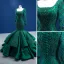 Haut de Gamme Vert Foncé Perlage Perle Paillettes En Dentelle Fleur Robe De Soirée 2022 Satin Trompette / Sirène Encolure Carrée Manches Courtes Dos Nu Longue Robe De Ceremonie