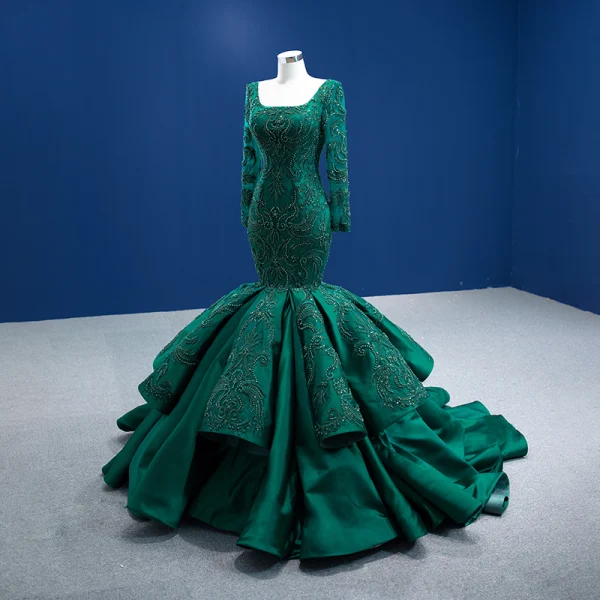 Haut de Gamme Vert Foncé Perlage Perle Paillettes En Dentelle Fleur Robe De Soirée 2022 Satin Trompette / Sirène Encolure Carrée Manches Courtes Dos Nu Longue Robe De Ceremonie