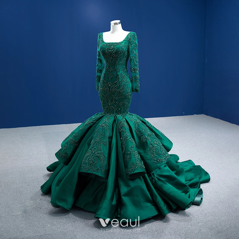 High-end Dark Green Beading Pearl Sequins Lace Flower Evening Dresses 2022  Satin Trumpet / Mermaid Square Neckline Short Sleeve Backless Floor-Length  / Long Formal Dresses