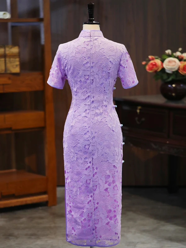 Vintage / Retro Chinese style Lavender Pearl Lace Flower Street Wear Tea-length Cheongsam 2024 Trumpet / Mermaid High Neck Short Sleeve