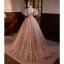 Elegante Rosa Perlenstickerei Strass Pailletten Ballkleider 2023 Ballkleid Eckiger Ausschnitt Geschwollenes Kurze Ärmel Rückenfreies Sweep / Pinsel Zug Ball Festliche Kleider