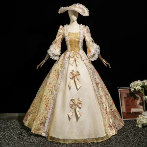 Vintage Retro Medieval Gold Printing Bow Lace Flower Prom Dresses 2025 Ball Gown Square Neckline Bell Sleeves Floor Length Long Formal Dresses