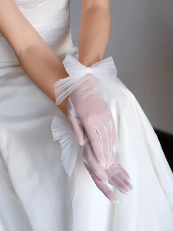 Chic / Belle Blanche Volants Noeud Mariage Gants Mariage 2025 Tulle