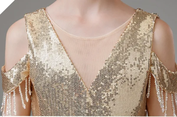 Glitzernden Gold Pailletten Geburtstag Lange Blumenmädchenkleider 2024 Ballkleid Rundhalsausschnitt Kurze Ärmel Rückenfreies