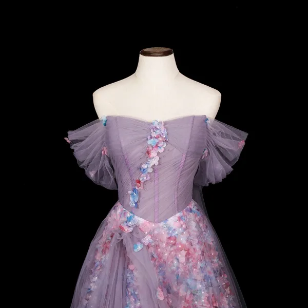 Chic / Beautiful Purple Multi-Colors Appliques Prom Dresses 2025 A-Line / Princess Off-The-Shoulder Short Sleeve Backless Floor-Length / Long Prom Formal Dresses