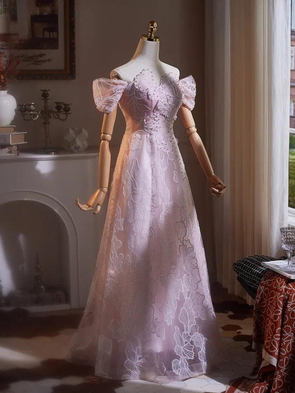Uroczy Rumieniąc Różowy Frezowanie Perła Rhinestone Sukienki Na Bal 2026 Princessa Przy Ramieniu Kótkie Rękawy Bez Pleców