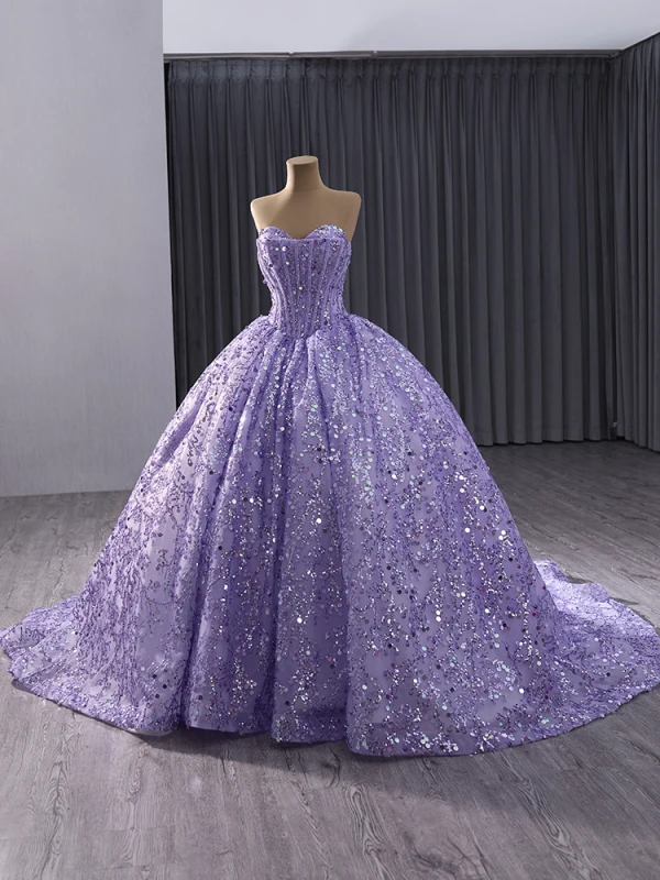 High End Charmant Lavendel Perlenstickerei Pailletten Ballkleider 2024 Ballkleid Bandeau Ärmellos Rückenfreies Sweep / Pinsel Zug Ball Festliche Kleider