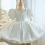 Chic / Beautiful White Short Pearl Wedding Flower Girl Dresses 2023 Ball Gown Square Neckline Short Sleeve Backless Bow Tulle