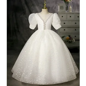 Bling Bling Ivory Pearl Sequins Birthday Flower Girl Dresses 2022 Ball Gown Scoop Neck Puffy Short Sleeve Floor Length Long Flower Girl Dresses