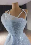 Fashion Sky Blue Beading Pearl Sequins Cascading Ruffles Prom Dresses 2024 Ball Gown Spaghetti Straps Sleeveless Backless Floor-Length / Long Prom Formal Dresses