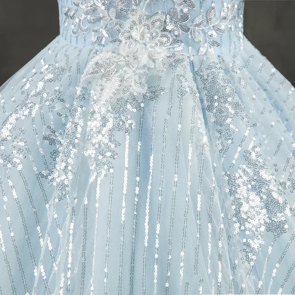 Sparkly Charming Sky Blue Beading Sequins Lace Flower Flower Girl Dresses 2022 Ball Gown High Neck Puffy Short Sleeve Floor-Length / Long Prom Flower Girl Dresses