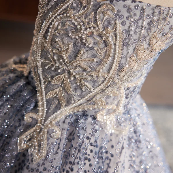 Bling Bling Grey Beading Lace Flower Sequins Birthday Flower Girl Dresses 2024 Ball Gown Scoop Neck Puffy Short Sleeve Backless Floor-Length / Long