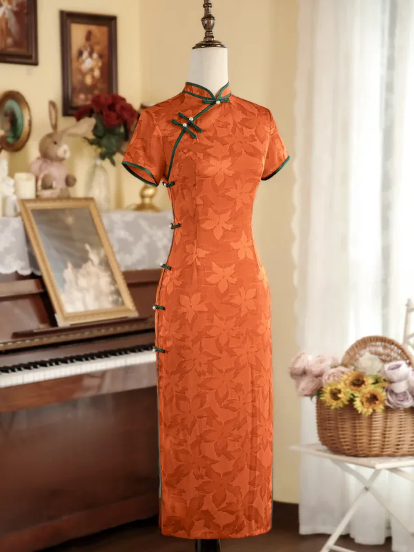 Vintage Chiński Styl Pomarańczowy Druk Długość Herbaty Podział Przodu Cheongsam 2024 Syrena / Rozkloszowane Wysokiej Szyi Kótkie Rękawy