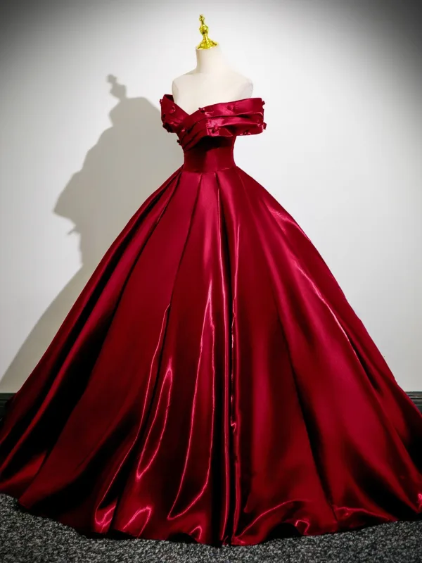 Vintage / Retro Burgundy Appliques Prom Dresses 2025 Ball Gown Off-The-Shoulder Short Sleeve Backless Floor-Length / Long Formal Dresses