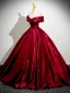 Vintage / Retro Burgundy Appliques Prom Dresses 2025 Ball Gown Off-The-Shoulder Short Sleeve Backless Floor-Length / Long Formal Dresses