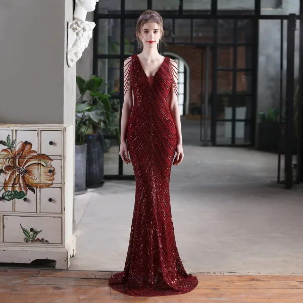 Charming White Beading Sequins Evening Dresses 2023 Trumpet / Mermaid V-Neck Sleeveless Backless Floor-Length / Long Evening Party Formal Dresses
