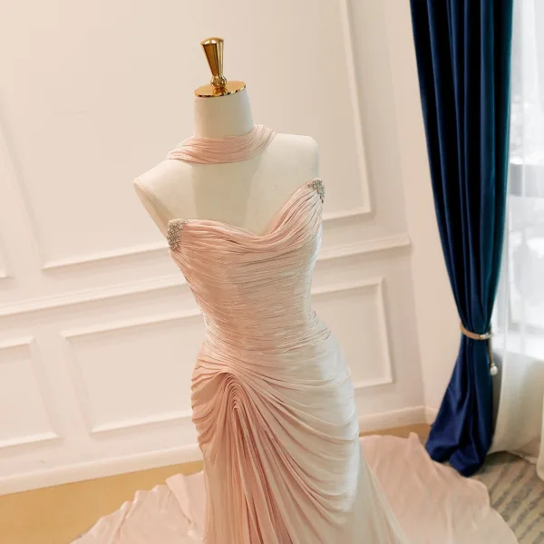High End Sexy Rosa Strass Abendkleider 2026 Meerjungfrau Bandeau Ärmellos Rückenfreies Lange Abend Festliche Kleider