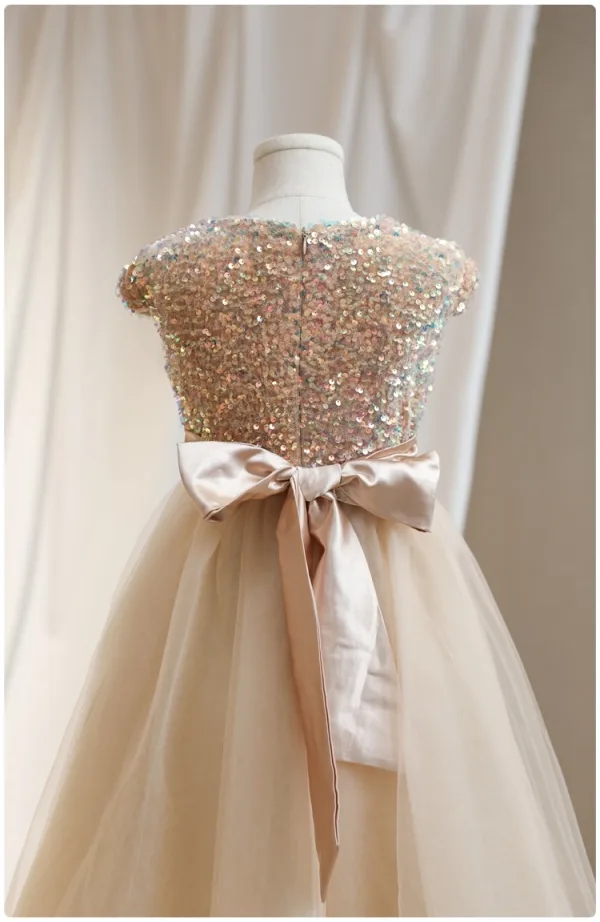 Sparkly Gold Sequins Birthday Flower Girl Dresses 2024 A-Line / Princess Scoop Neck Cap Sleeves Bow Sash Floor-Length / Long Tulle