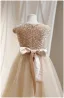 Sparkly Gold Sequins Birthday Flower Girl Dresses 2024 A-Line / Princess Scoop Neck Cap Sleeves Bow Sash Floor-Length / Long Tulle