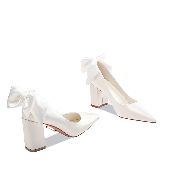 Elegante Weiß Leder Satin Schleife Brautschuhe 2023 7 cm Thick Heels Spitzschuh Hochzeit Pumps Hochhackige
