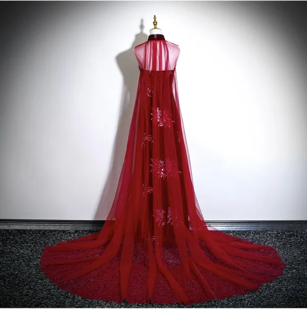 Chinese style Burgundy Sequins Velvet Evening Dresses 2025 Ball Gown High Neck Sleeveless Backless Floor-Length / Long Formal Dresses