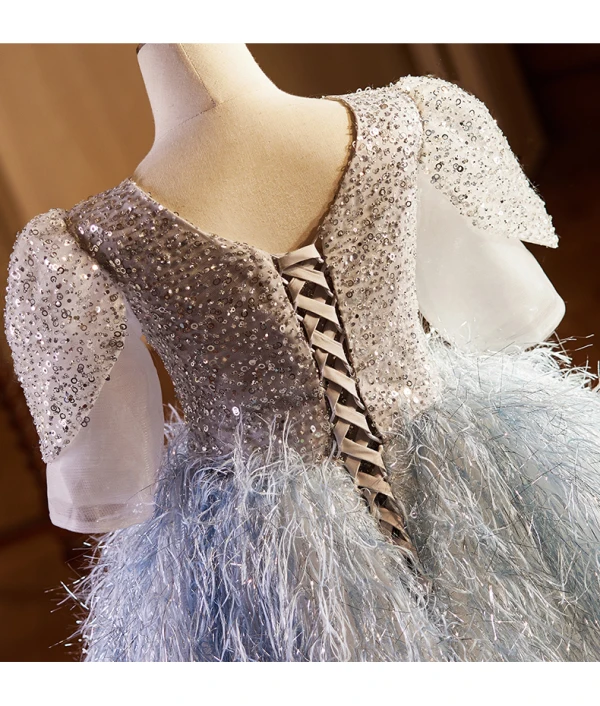 Charming Sky Blue Beading Sequins Tassel Birthday Flower Girl Dresses 2024 Ball Gown Scoop Neck Short Sleeve Backless Floor-Length / Long