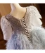 Charming Sky Blue Beading Sequins Tassel Birthday Flower Girl Dresses 2024 Ball Gown Scoop Neck Short Sleeve Backless Floor-Length / Long