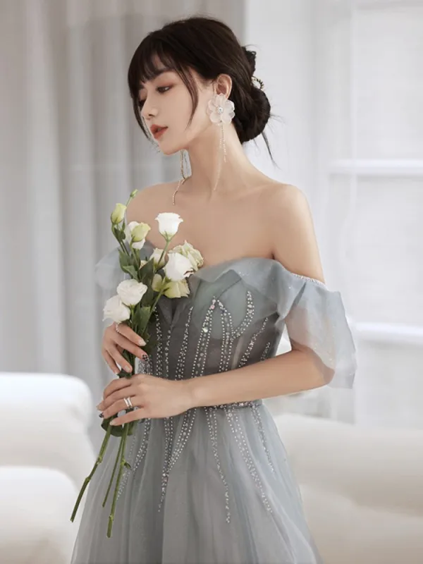 Schlicht Grau Ballkleider 2022 A Linie Off Shoulder Ärmellos Rückenfreies Perlenstickerei Strass Pailletten Lange Ball Festliche Kleider