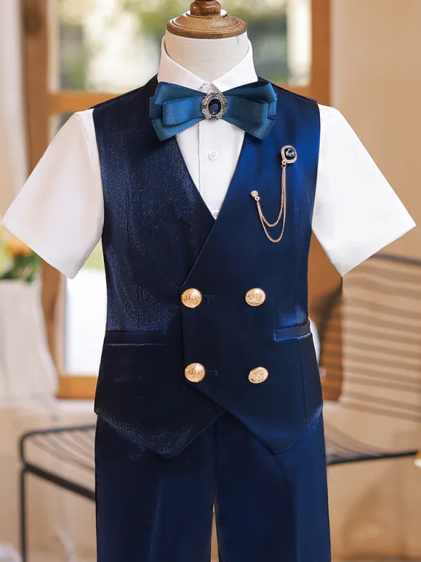 Navy Blue Suede 5 Piece Short Sleeve Boys Wedding Suits 2022 Body Jewellery Pants Shirt