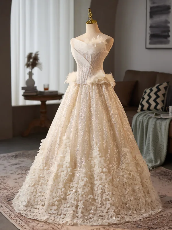 High-end Charming Champagne Glitter Sequins Appliques Prom Dresses 2025 Ball Gown Strapless Sleeveless Backless Floor-Length / Long Formal Dresses