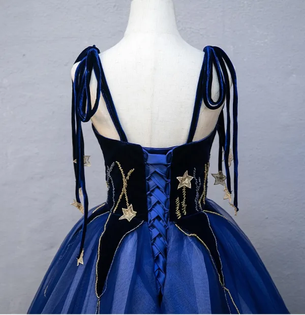 Élégant Bleu Roi Étoile Paillettes Robe De Bal 2025 Robe Boule Bretelles Spaghetti Sans Manches Dos Nu Longue Promo Robe De Ceremonie