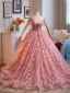 Flower Fairy Candy Pink Appliques Floral Prom Dresses 2025 Ball Gown Off-The-Shoulder Short Sleeve Backless Sweep Train Formal Dresses