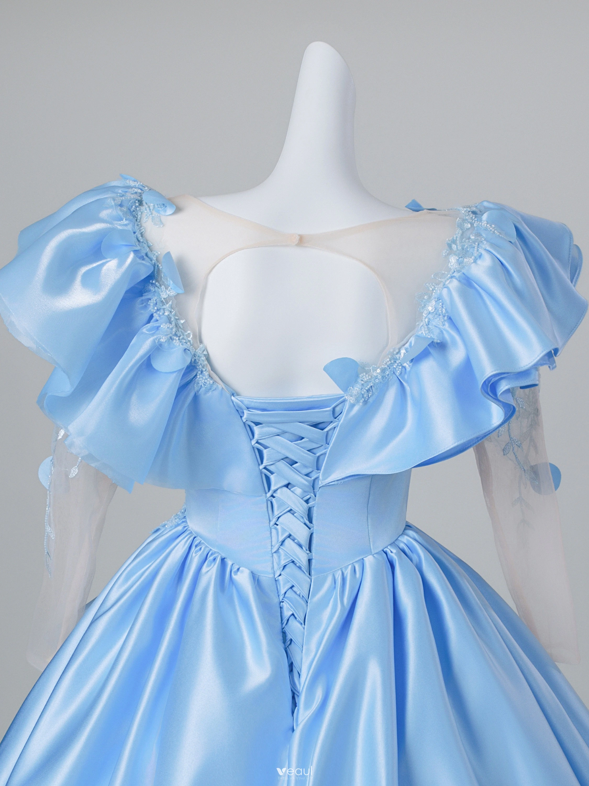 Elegant Sky Blue Beading Sequins Lace Flower Prom Dresses 2026 Ball Gown  Scoop Neck 3/4 Sleeve Backless Floor-Length / Long Formal Dresses