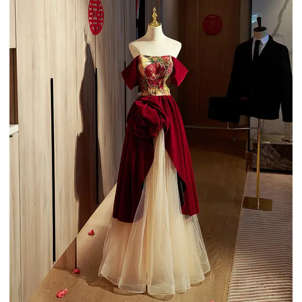 Vintage / Retro Burgundy Suede Printing Prom Dresses 2022 A-Line / Princess Square Neckline Short Sleeve Backless Floor-Length / Long Prom Formal Dresses