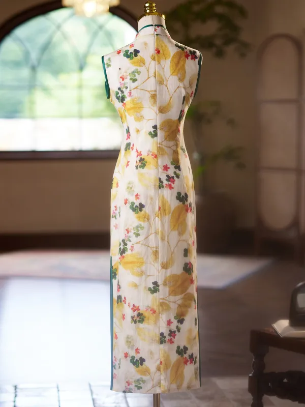 Chinese style Yellow Printing Tea-length Prom Split Front Cheongsam 2024 Trumpet / Mermaid High Neck Sleeveless