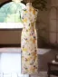 Chinese style Yellow Printing Tea-length Prom Split Front Cheongsam 2024 Trumpet / Mermaid High Neck Sleeveless