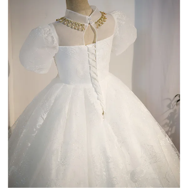 Charming White Rhinestone Sequins Pearl Birthday Flower Girl Dresses 2022 Ball Gown Scoop Neck Puffy Short Sleeve Floor-Length / Long Flower Girl Dresses