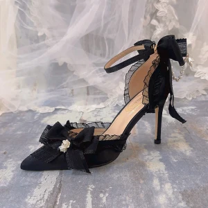 Charming Black Pearl Bow Ankle Strap Prom Womens Sandals 2024 9 Cm Stiletto Heels Pointed Toe Sandals High Heels