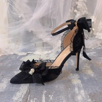 Charming Black Pearl Bow Ankle Strap Prom Womens Sandals 2024 9 Cm Stiletto Heels Pointed Toe Sandals High Heels
