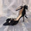 Charmant Noire Perle Noeud Bride Cheville Promo Sandales Femme 2024 9 cm Talons Aiguilles À Bout Pointu Sandales Talons Hauts