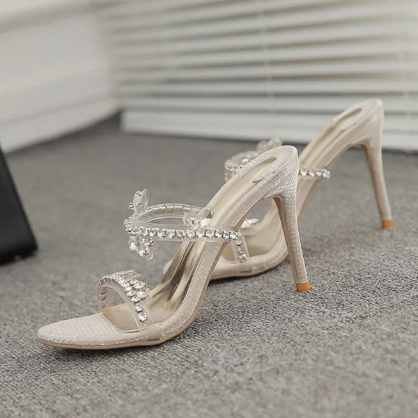 Sexy Silver Rhinestone Evening Party Womens Sandals 2022 9 cm Stiletto Heels Open / Peep Toe Sandals High Heels