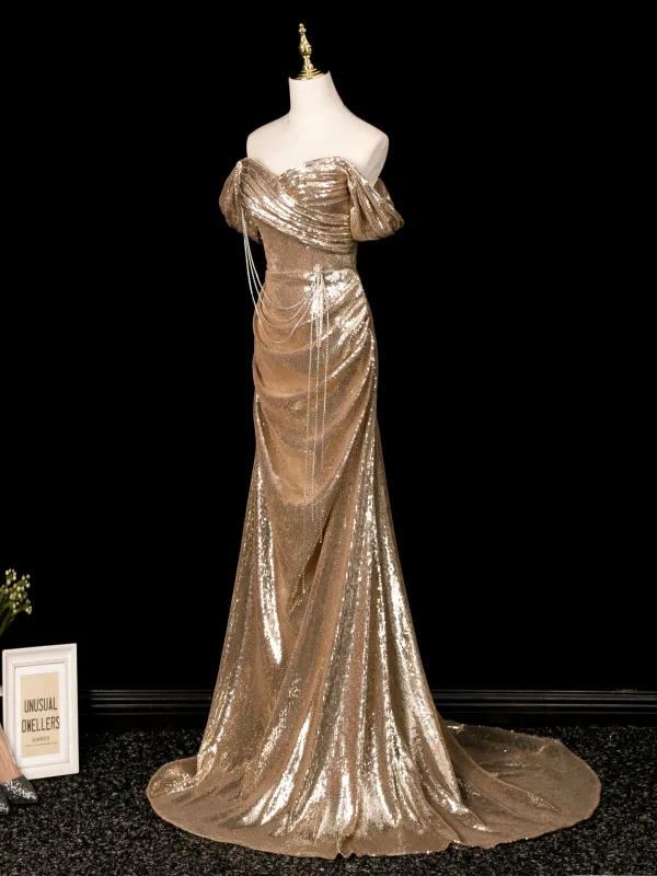 Glitzernden Gold Pailletten Abendkleider 2025 Meerjungfrau Off Shoulder Ärmellos Rückenfreies Sweep / Pinsel Zug Abend Festliche Kleider